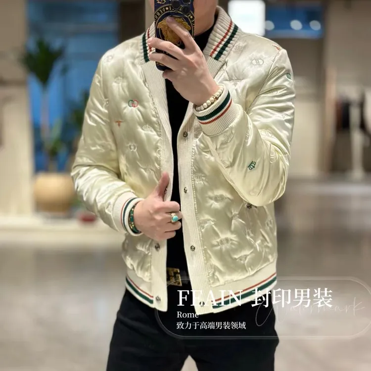 高端男士定制珠光琉璃纱立体刺绣青果领羽绒服K7017