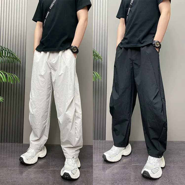 2025年夏季薄款宽松哈伦裤纯色阔腿长裤青年男士休闲工装直筒裤子