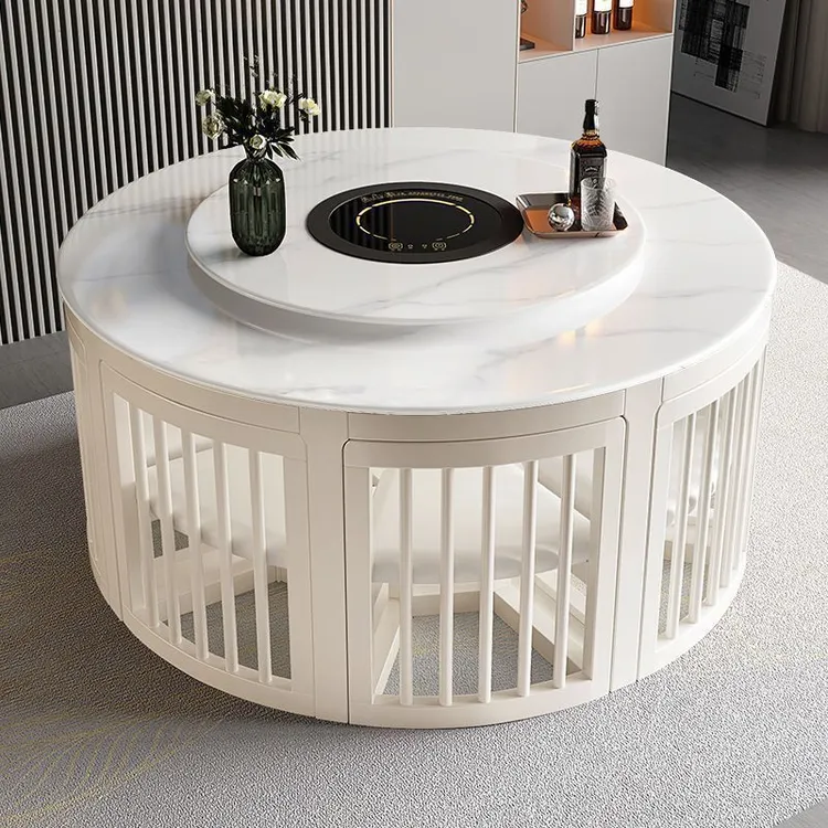 家用小户型大理石吃饭桌子电磁炉岩板折叠圆桌椅子圆形简约白色