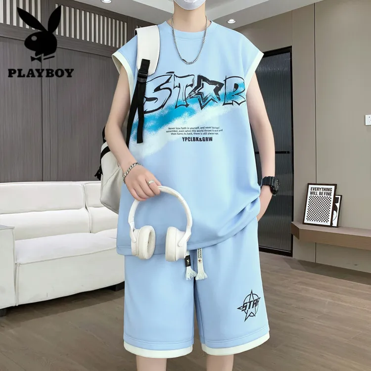 花花公子夏季2025新款背心套装男青少年学生运动休闲宽松男士无袖