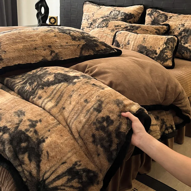 新款轻奢加厚兔毛绒包边款四件套复古风冬季保暖高级牛奶绒四件套