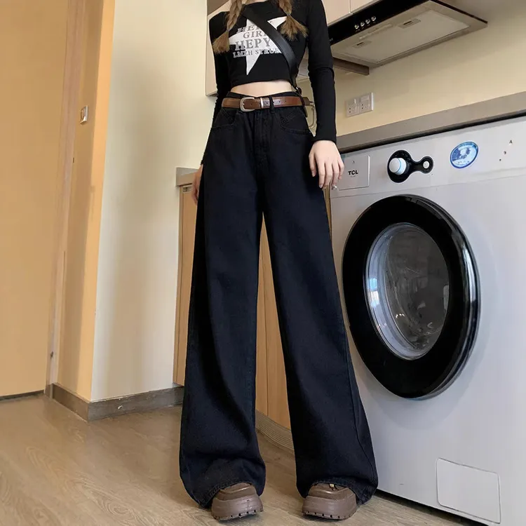春季新款设计感黑色复古阔腿牛仔裤女高腰宽松藏肉遮肚子连衣裙