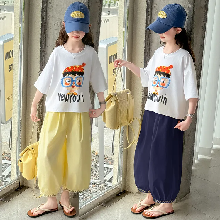 童装女童夏装短袖t恤套装2025新款儿童洋气宽松上衣休闲裤两件套 