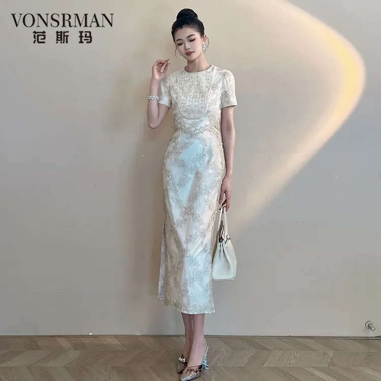 欧洲站新中式旗袍连衣裙女夏季高级感蕾丝提花收腰显瘦气质包臀裙