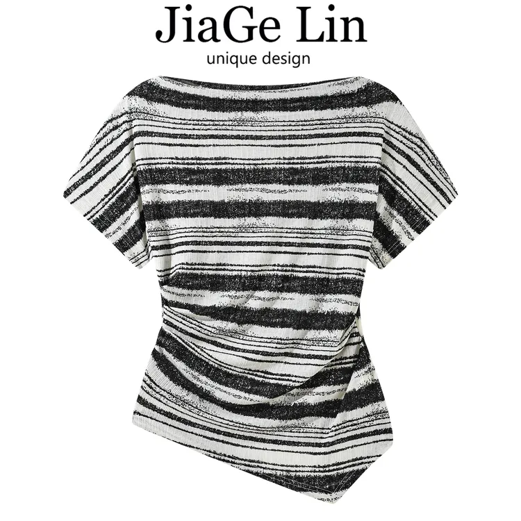 JiaGeLin韩系简约时尚一字肩条纹短袖T恤修身小衫女夏不规则上衣