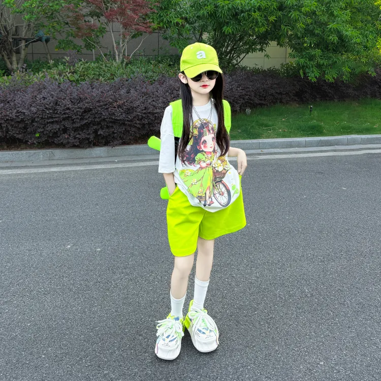 女童多巴胺运动套装洋气时髦2025新款夏季儿童休闲短袖短裤两件套
