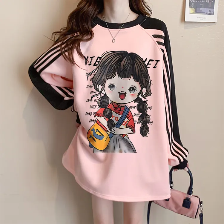 时尚宽松百搭加绒卫衣女秋冬新款爆款韩版网红洋气插肩袖撞色上衣