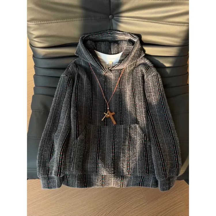 美式七彩条纹连帽卫衣男秋冬高级感套头针织上衣宽松cleanfit外套