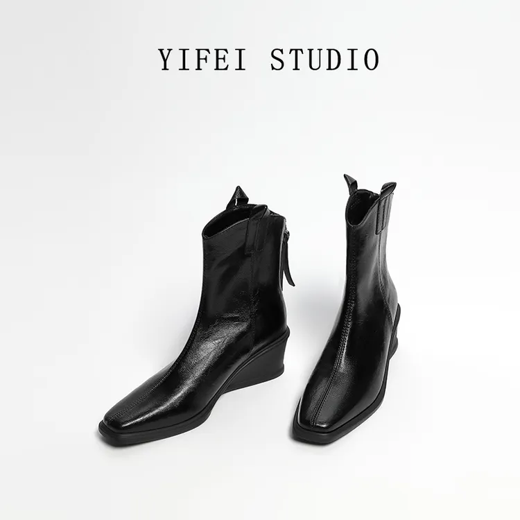 【5.5CM】坡跟短靴黑色百搭小方头V口显瘦后拉链瘦瘦靴秋冬软皮靴子