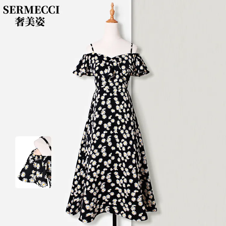 小雏菊连衣裙女夏一字肩碎花吊带裙显瘦小众长裙设计感女人味