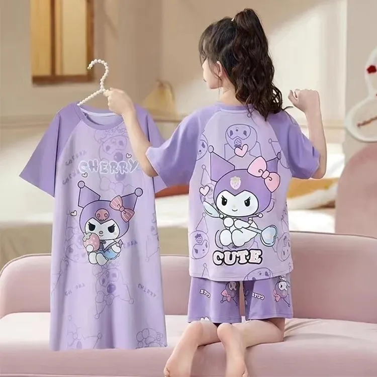 儿童家居服2025短袖三件套可爱卡通夏季连体睡裙女孩大童宝宝套装