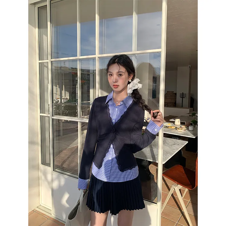 2025春miu系格子拼接蕾丝花边针织开衫显瘦假两件衬衫