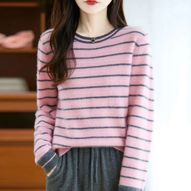 品牌秋冬新款100%羊毛条纹圆领内搭打底衫韩系复古通勤减龄毛衣女