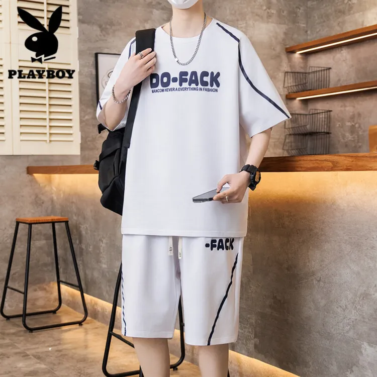 花花公子短袖套装高中初中男生潮牌T恤汗衫青少年大童夏款休闲两