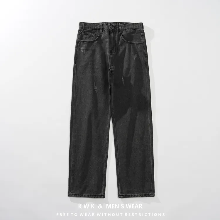 春夏季黑灰色小直筒牛仔裤男爆款松紧腰宽松刮烂显瘦百搭休闲长裤