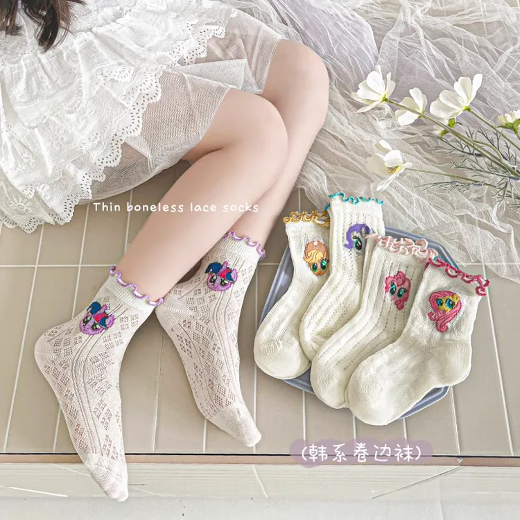 女童袜子中筒薄款棉袜公主女孩花边透气网眼宝宝儿童韩系春夏卷边