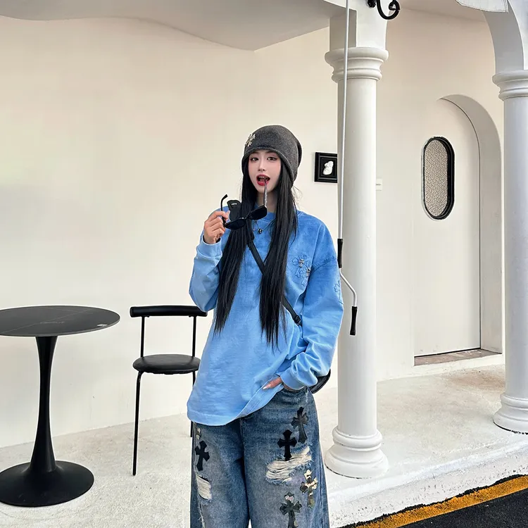 Double.S克罗浮雕贴布简欧风秋季长袖打底卫衣T恤（男女同款）5005