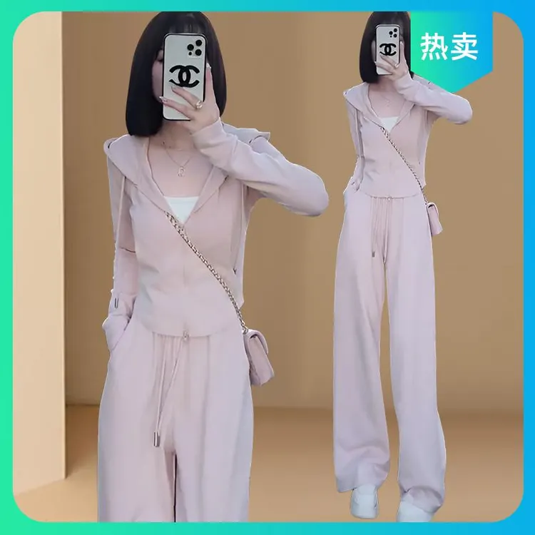 粉色休闲运动套装女春秋季时尚网红炸街减龄连帽卫衣阔腿裤两件套