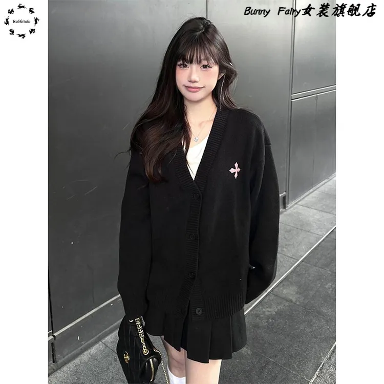 慵懒风毛衣外套女秋冬新款黑色v领针织开衫重磅刺绣宽松软糯上衣