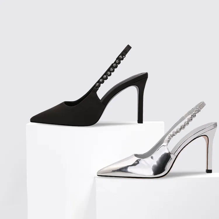 CHUREN&KENET银色婚鞋尖头水钻后空高跟鞋春夏包头细跟链子女凉鞋