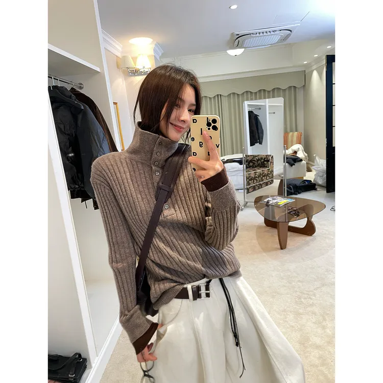 JCCC影子【山涧轻语】灰咖色绵羊毛假两件翻领撞色套头毛衣JE5BZT16