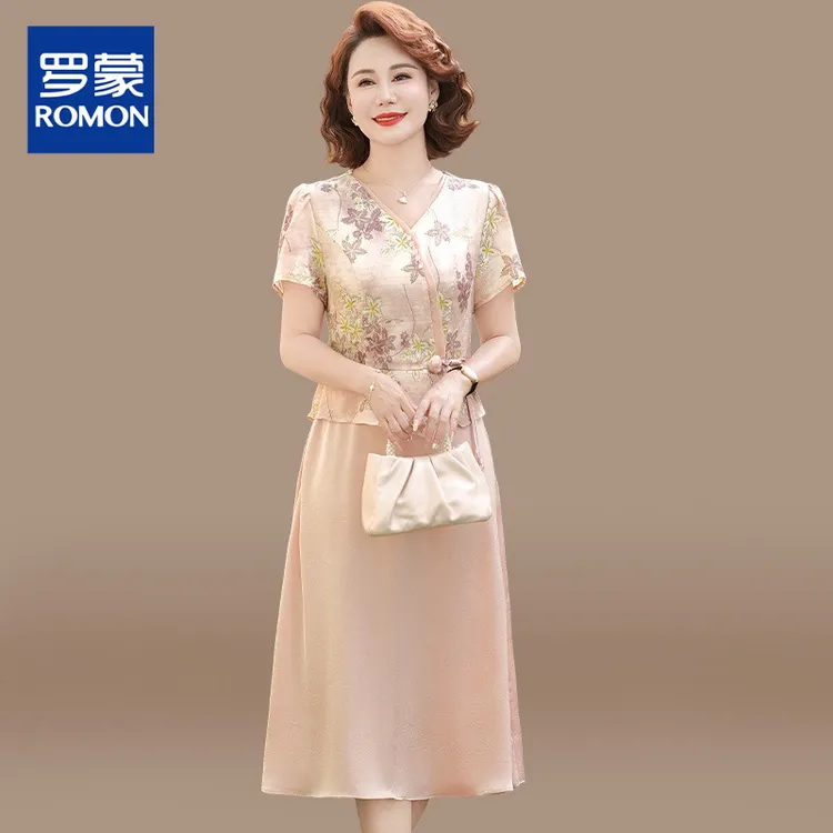 新中式妈妈连衣裙夏装中老年女装贵夫人夏季品牌短袖国风雪纺裙子