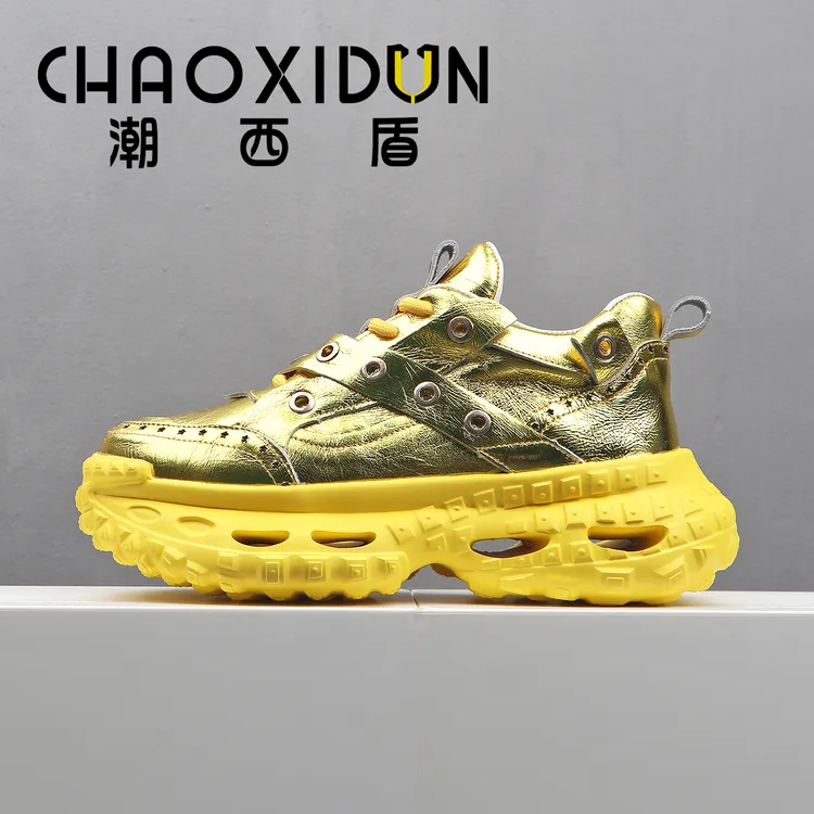 潮西盾CHAOXIDUN头层牛皮老爹鞋男厚底增高2025新款春秋爆款金色
