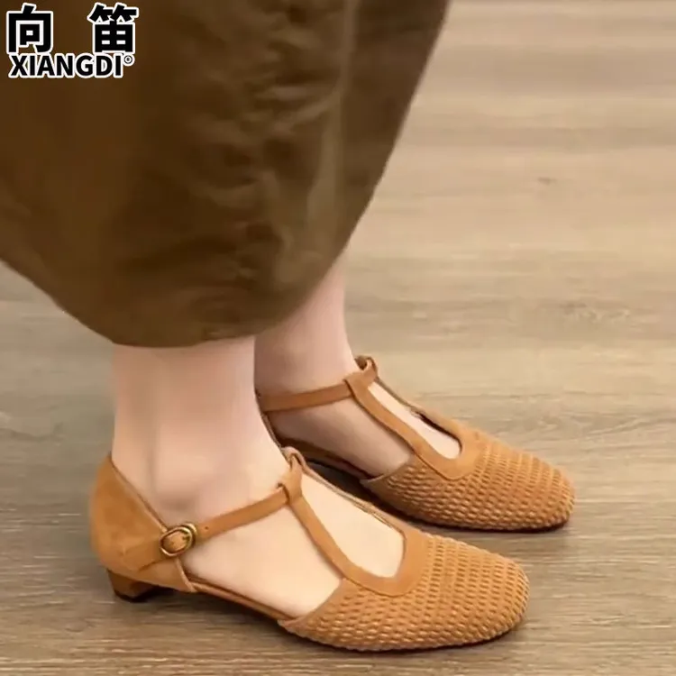 羊皮版复古包头粗跟凉鞋女款夏季配裙子低跟玛丽法式复古粗跟凉鞋