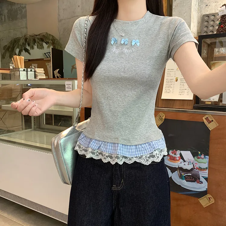 甜美蕾丝花边拼接正肩短袖t恤女夏季纯欲别致显瘦气质漂亮小上衣