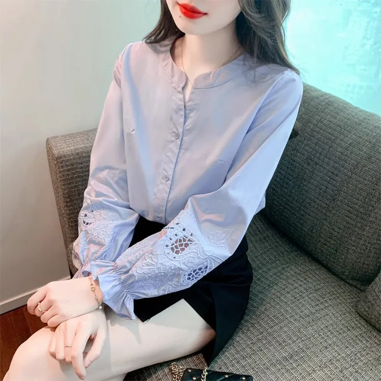 刺绣泡泡袖长袖衬衫女装2025年新款春秋款高档减龄洋气雪纺衫上衣