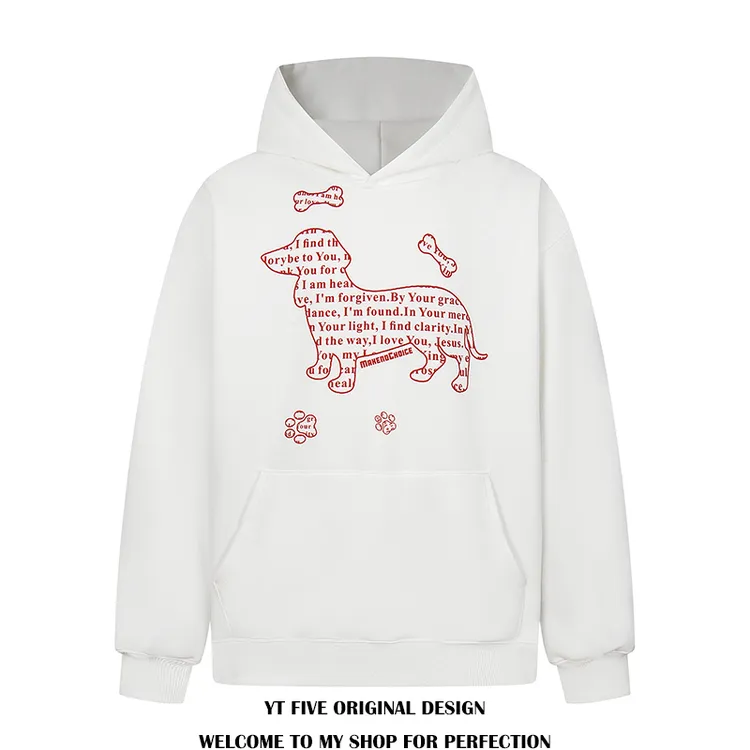 YTFIVE国潮美式趣味字母腊肠小狗狗印花重磅连帽卫衣男女宽松帽衫