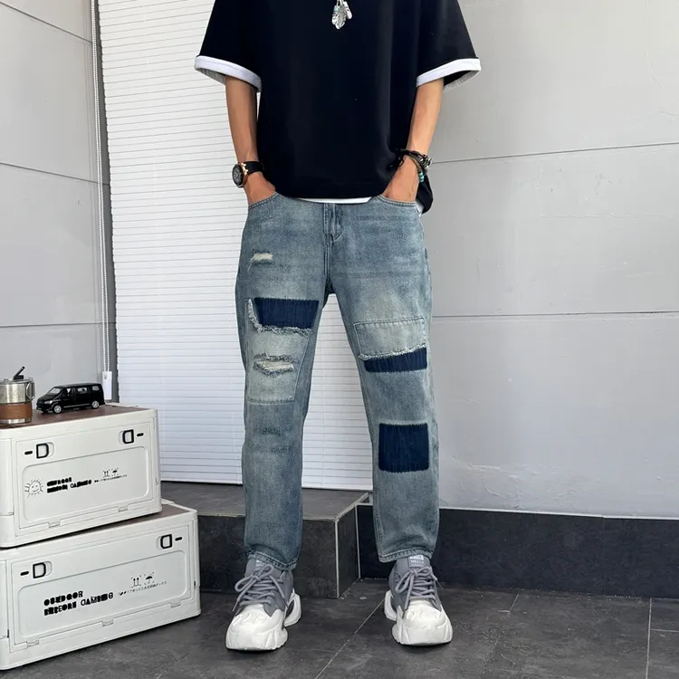 2025男士蓝色牛仔裤潮牌直筒复古休闲补丁乞丐裤夏季痞帅长裤子