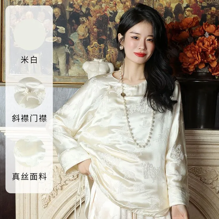 2025春夏新款上衣中式改良斜襟外搭真丝冠乐绉提花衬衫桑蚕丝女