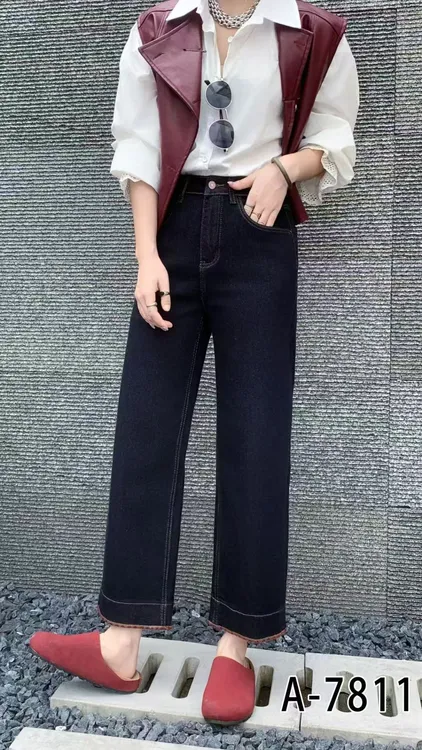 7811秋新款四面弹小个子防褪色直筒牛仔裤女显瘦九分奶奶裤