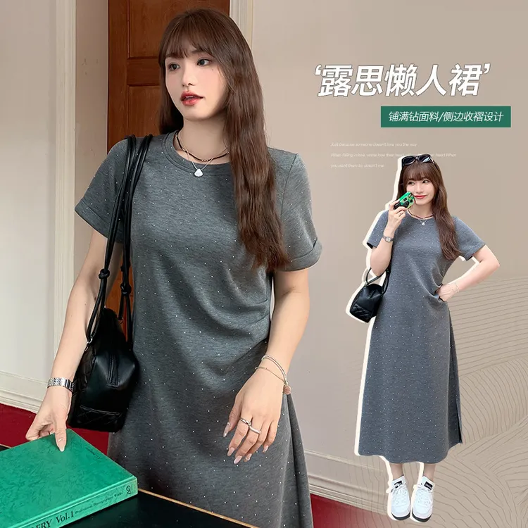 显瘦露思懒人裙烫钻收褶显腰身连衣裙女大码胖mm设计感开叉A字裙