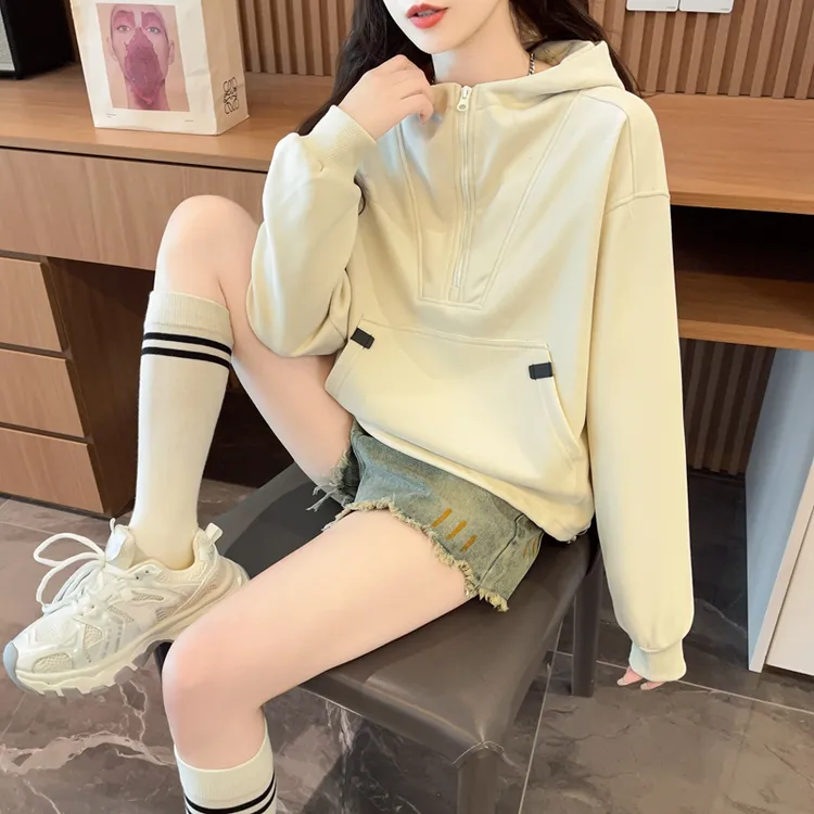 时尚洋气半拉链连帽卫衣女早秋季新款胖mm大码宽松休闲高级感上衣