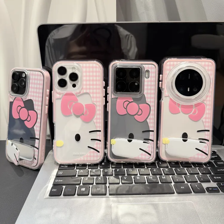 格子可爱猫支架适用苹果/华为/荣耀/OPPO/VIVO/小米手机壳防摔