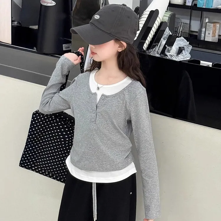 女童假两件上衣t恤长袖春秋2025新款洋气时髦儿童修身打底衫女潮