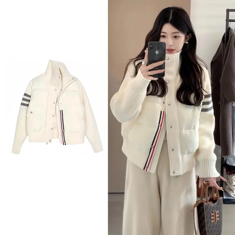 韩系小个子短款棉服女假两件冬季2025新款针织拼接设计感小众外套