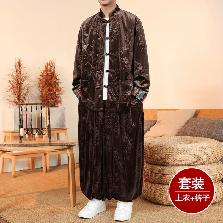 秋冬季中国风金丝绒居士服套装男士复古新中式龙袍唐装宽松太极服