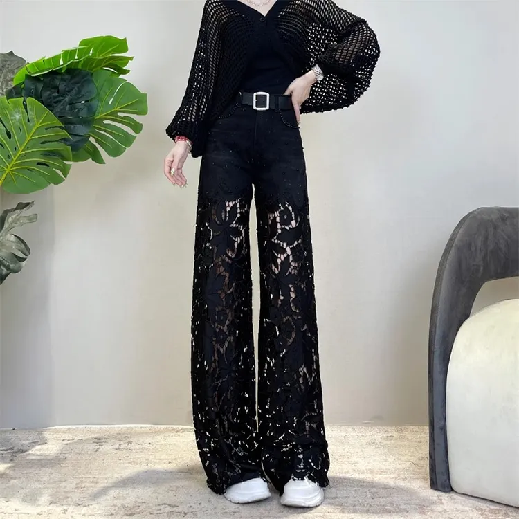 重工钉珠烫钻拼接镂空蕾丝牛仔裤女夏季薄款弹力高腰宽松直筒裤