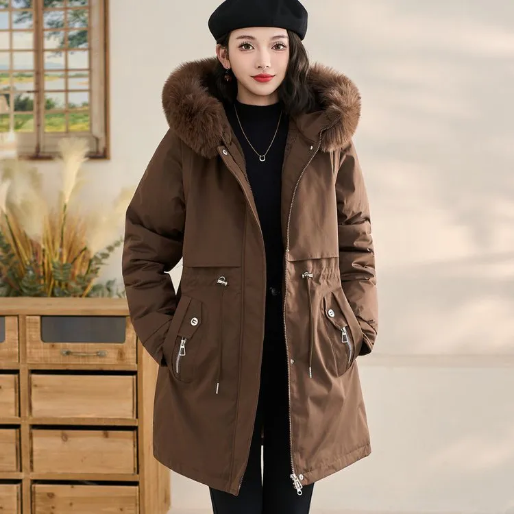中年妈妈冬装可拆卸毛领连帽派克服中长款棉服收腰加绒时尚棉衣