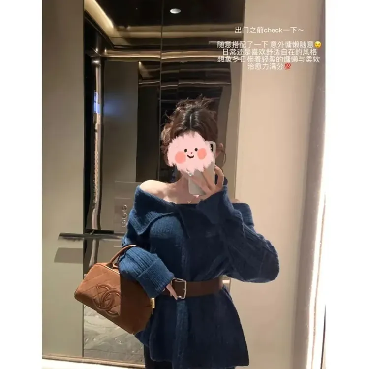 K342温柔风一字肩翻领配腰带慵懒风毛衣中长款毛衫上衣显瘦