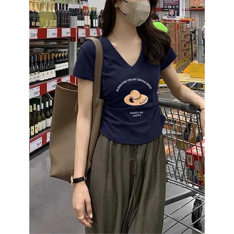 V领不规则收腰短袖t恤女2025火爆小众设计感洋气时尚百搭外穿上衣