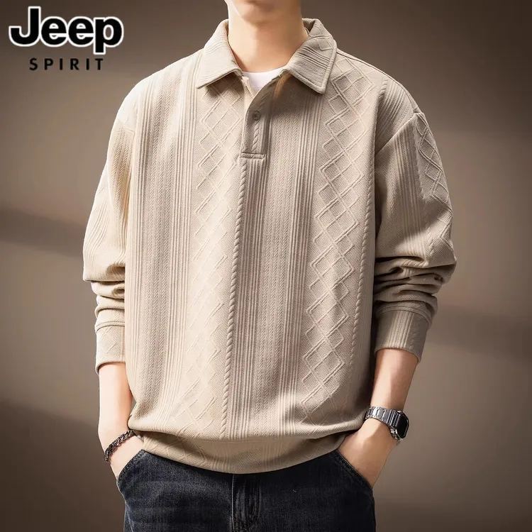 JEEP吉普菱形格提花长袖针织衫男秋季肌理感宽松翻领质感卫衣男