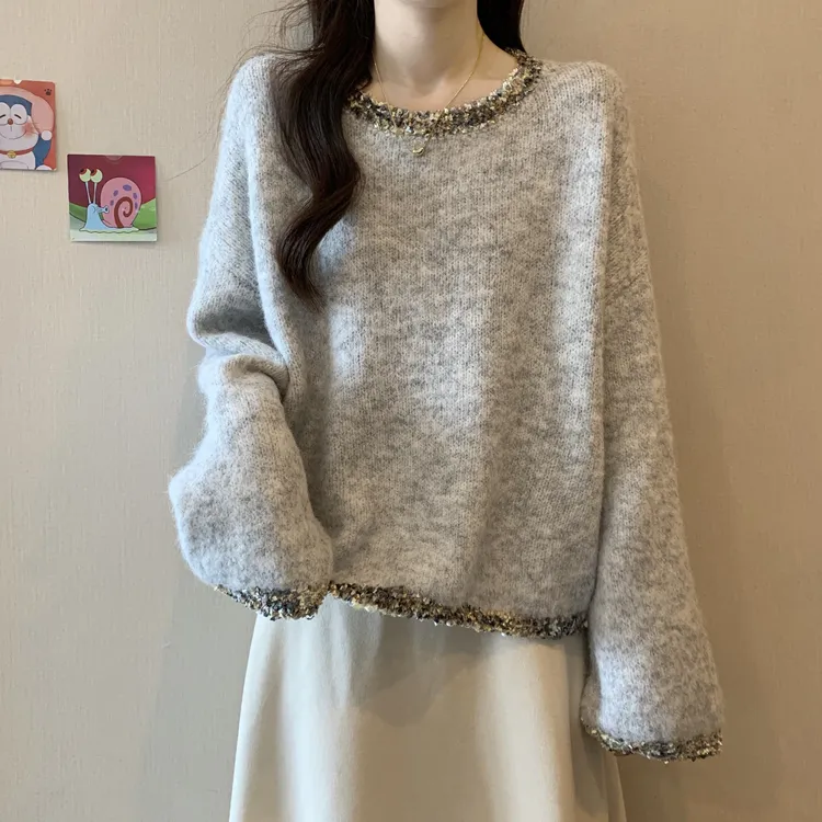 重工法式小香风针织毛衣女秋冬大码胖mm遮肚子高级感显瘦宽松上衣