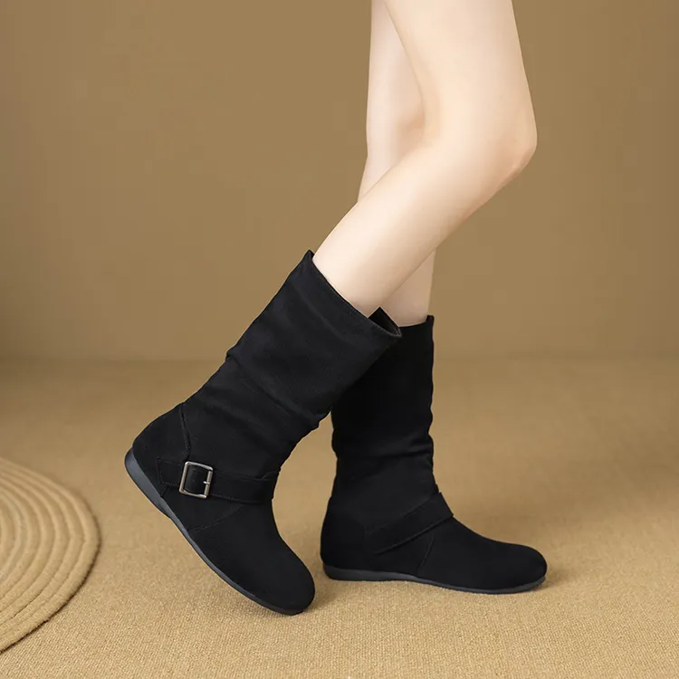 断码清仓美拉德绒面中筒靴女秋冬新款复古百搭西部靴骑士女靴平底