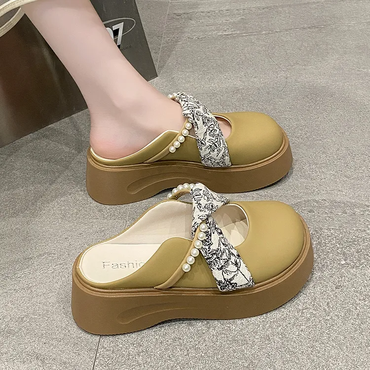 法式厚底增高超火一脚蹬包头半拖鞋女配裙子2025春夏新款外穿凉拖