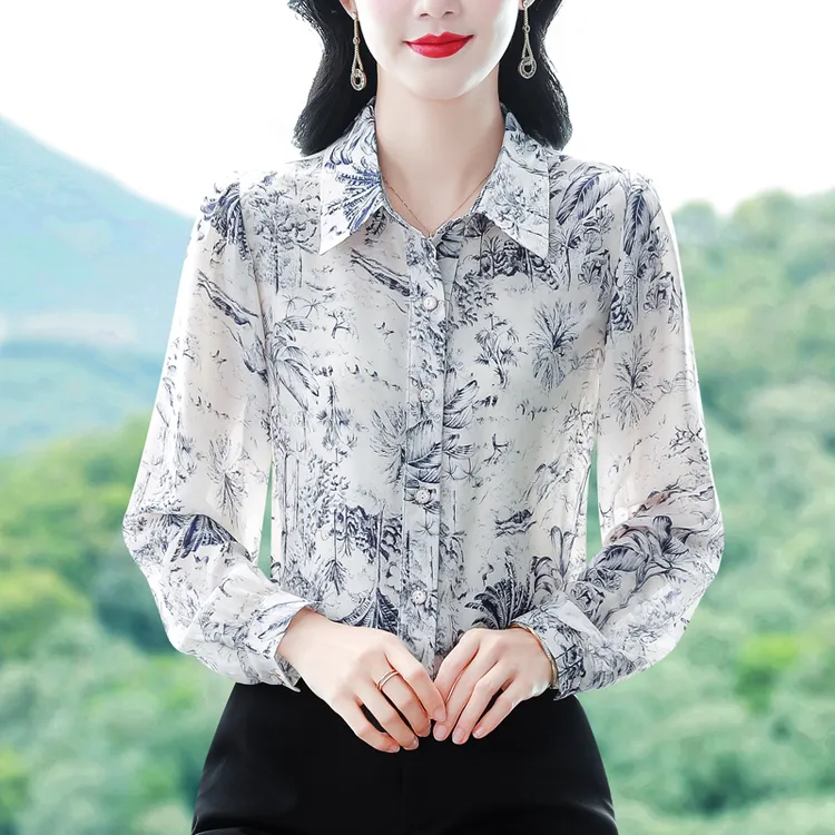 高档印花雪纺衬衫女上衣2025春秋新款女士长袖时尚洋气显瘦衬衣