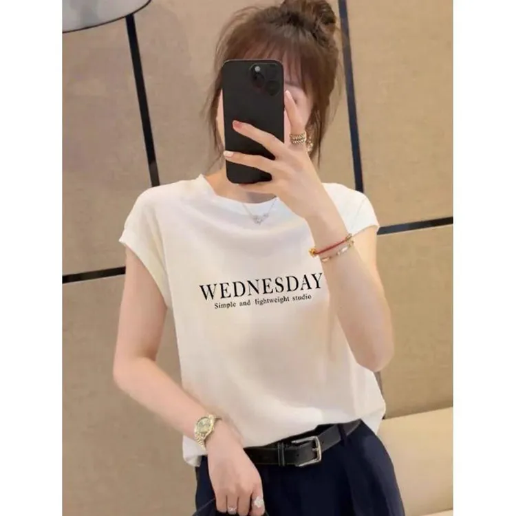 2025新款时尚小众飞飞袖正肩显瘦薄款圆领短袖t恤女洋气潮夏季